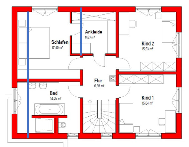 Grundriss Obergeschoss mit Schlafzimmer, zwei Kinderzimmern, Bad, Ankleide, Flur; rote Wände