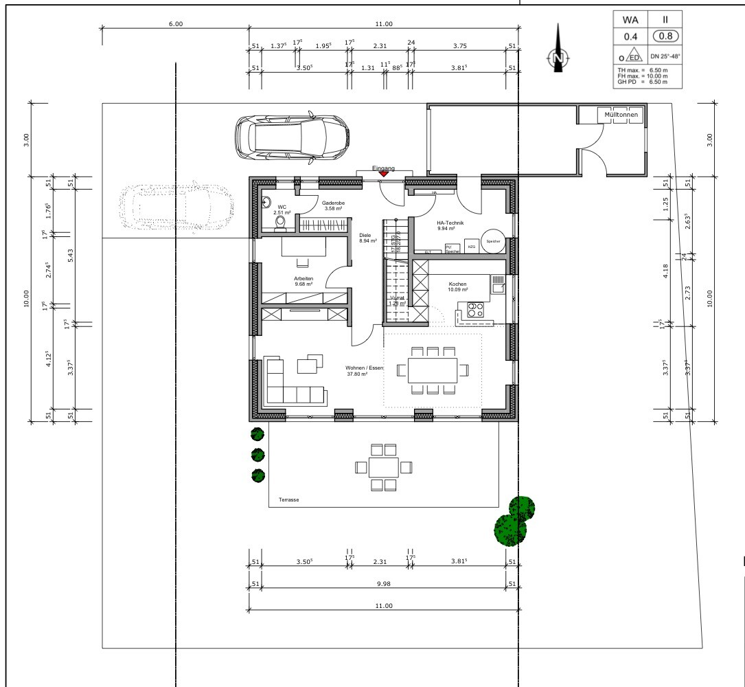 Floor plan of a single-family house with living room, kitchen, office, terrace and garden.