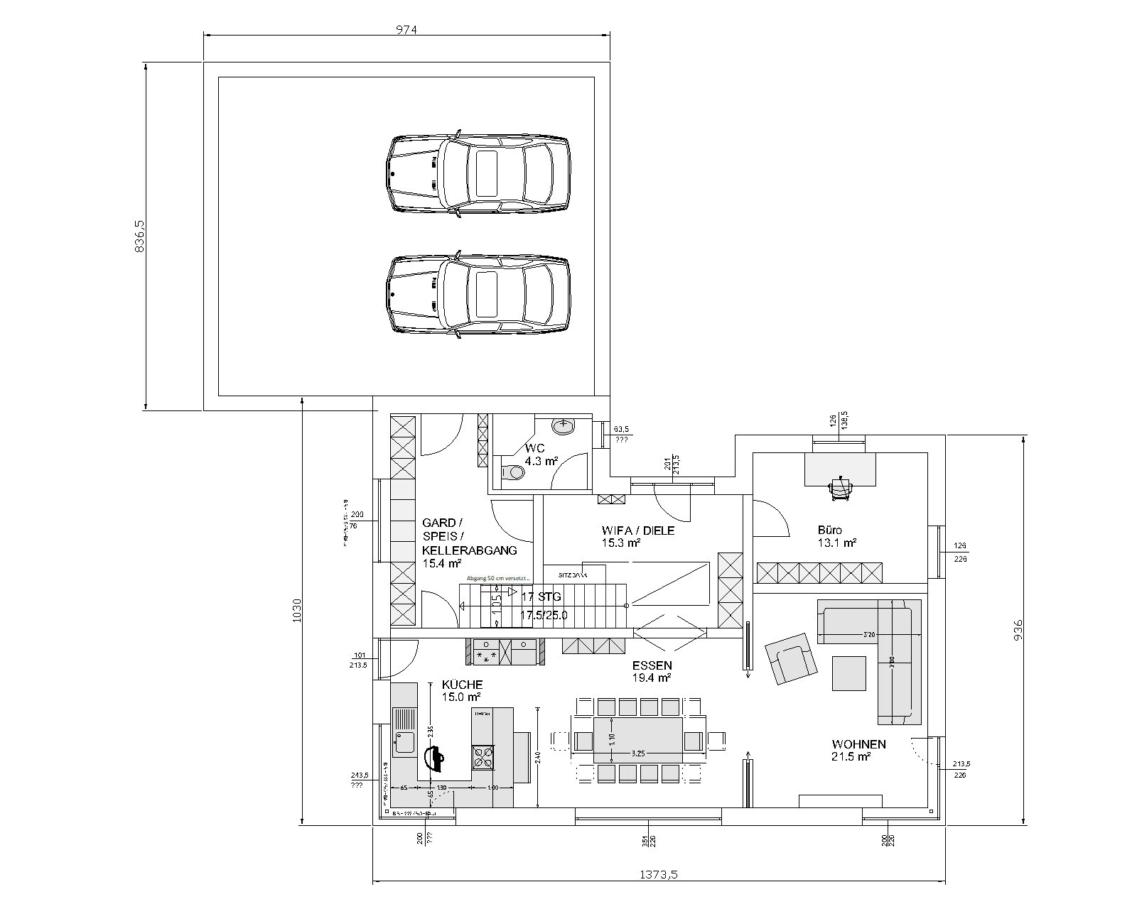 Floor plan of a house: garage with two cars; kitchen, dining, living, office, staircase, WC.