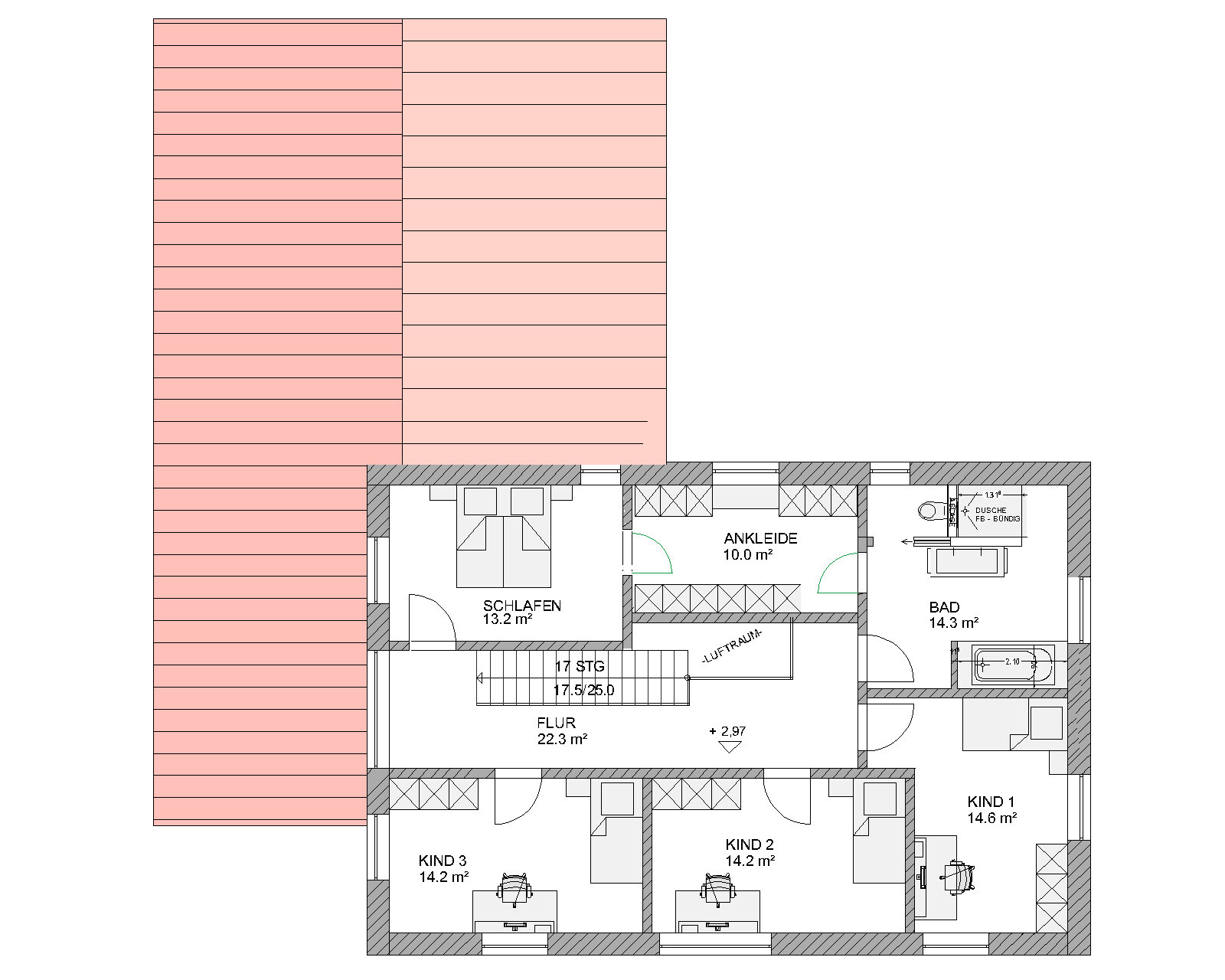 Floor plan of a house: bedroom, hallway, dressing room, bathroom and three children’s rooms, terrace