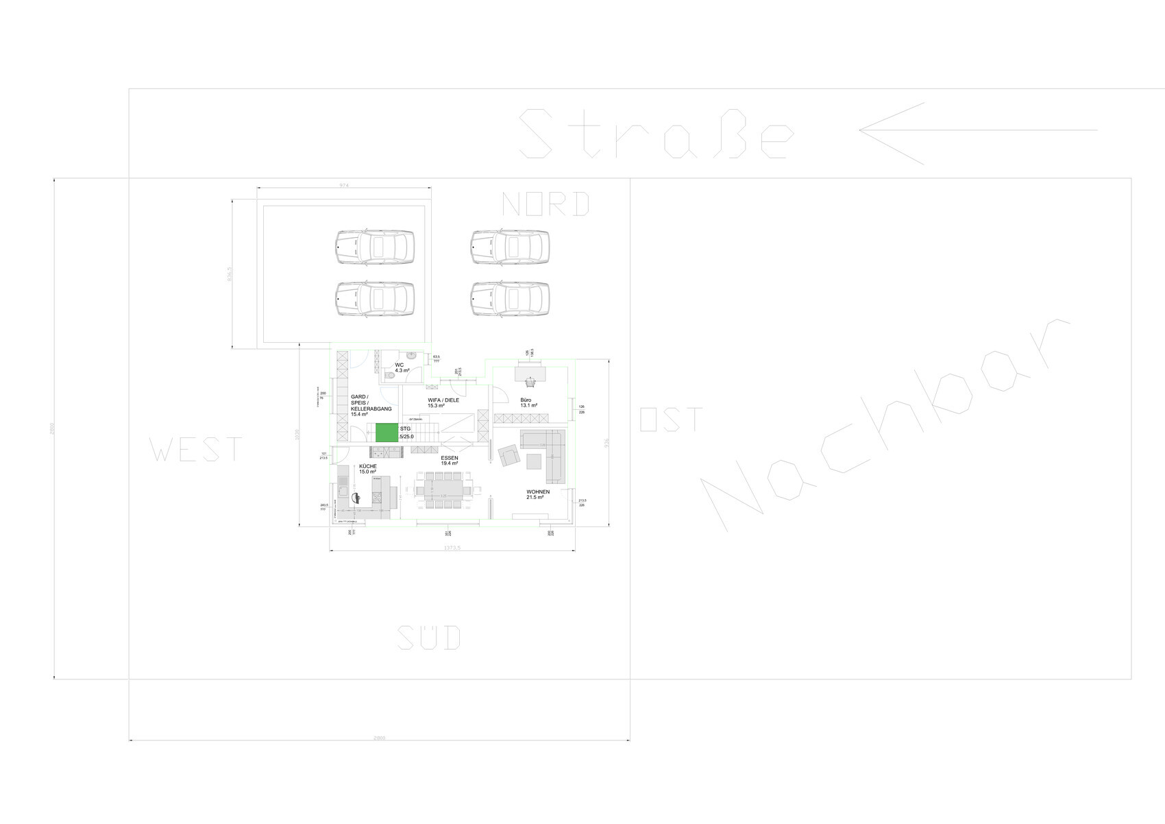 Grundrissplan eines Hauses mit Wohn- und Küchenbereich, Eingangsbereich und Möblierung