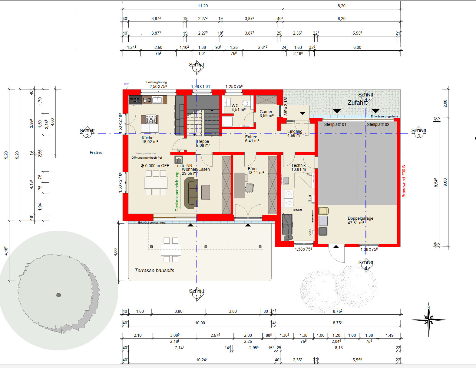 Floor plan of a house with kitchen, living room, office, technical room, double garage, and terrace
