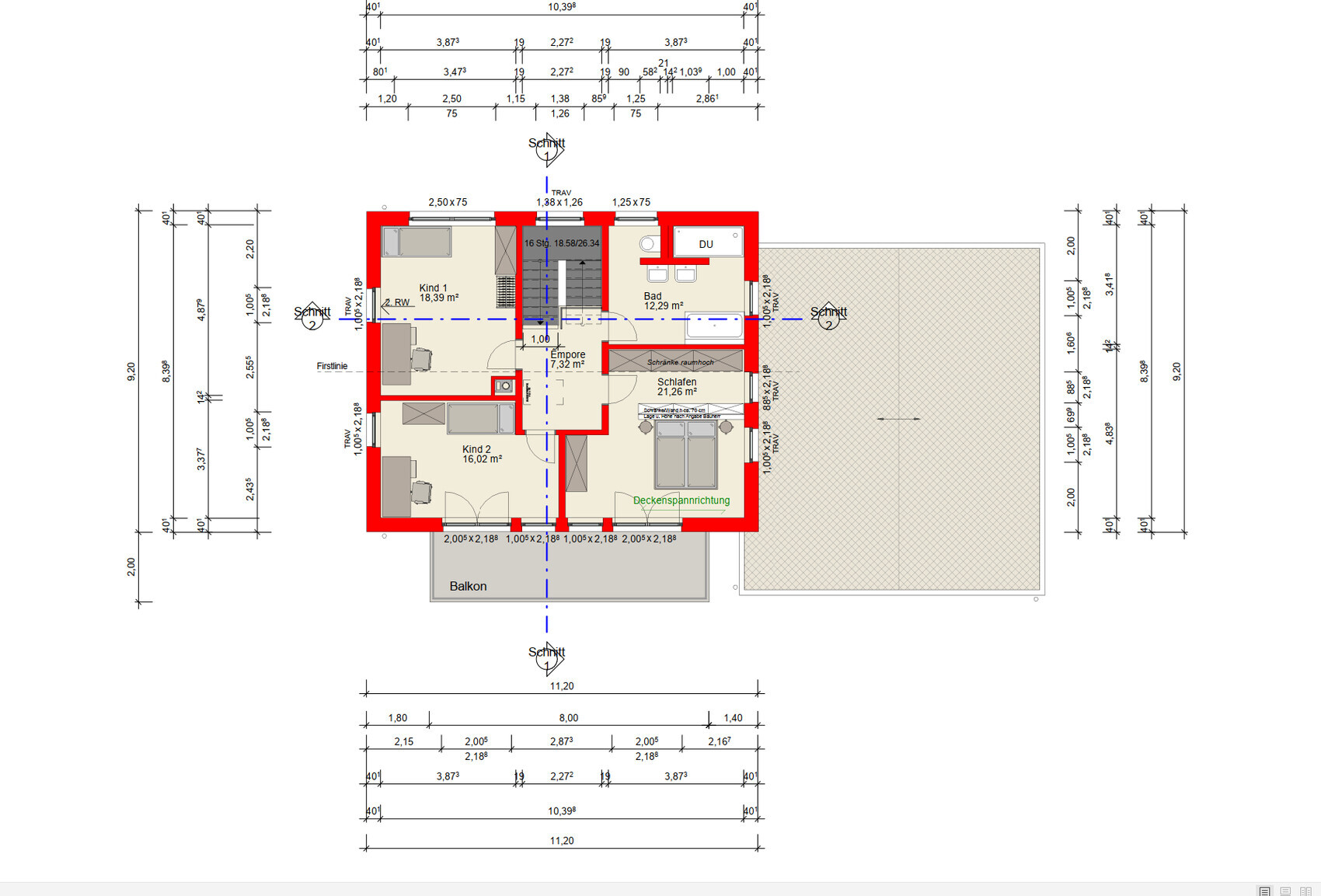 Floor plan of a house: bedroom, two children’s rooms, bathroom, hallway, balcony.