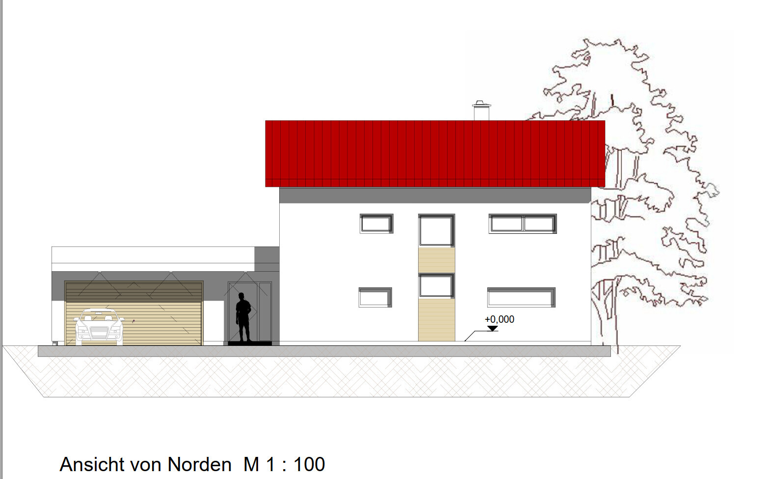 North view of a two-story house with red roof, garage, car, and group of trees.