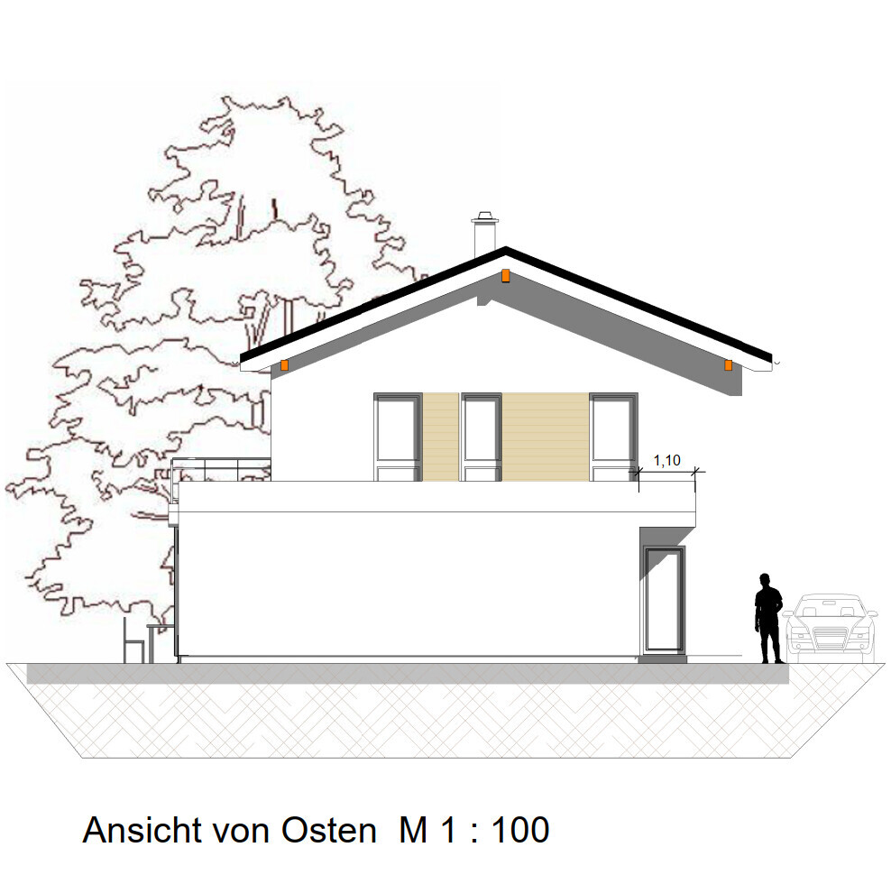 East view of a modern two-story house with gable roof, balcony, trees on the left, and car.