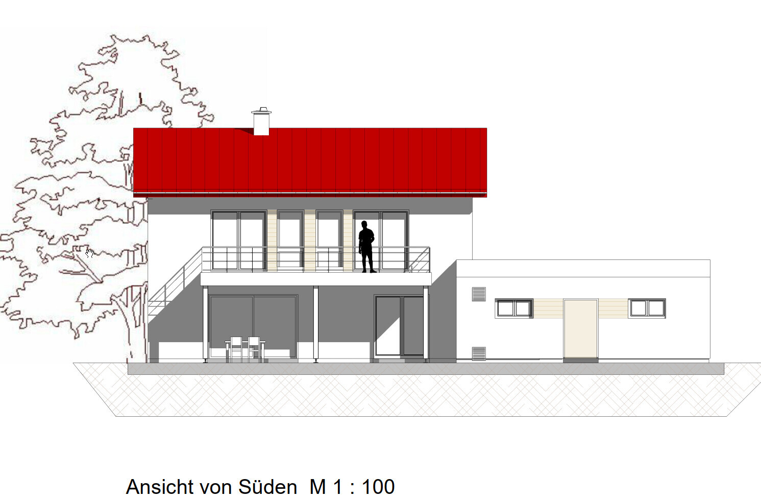 South view of a modern house with red roof, balcony, and a standing person.