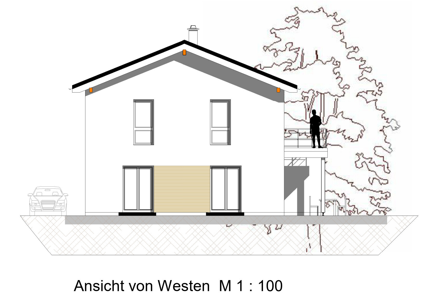 West view: two-story house with gable roof, balcony on the right, person; car on the left; trees behind.