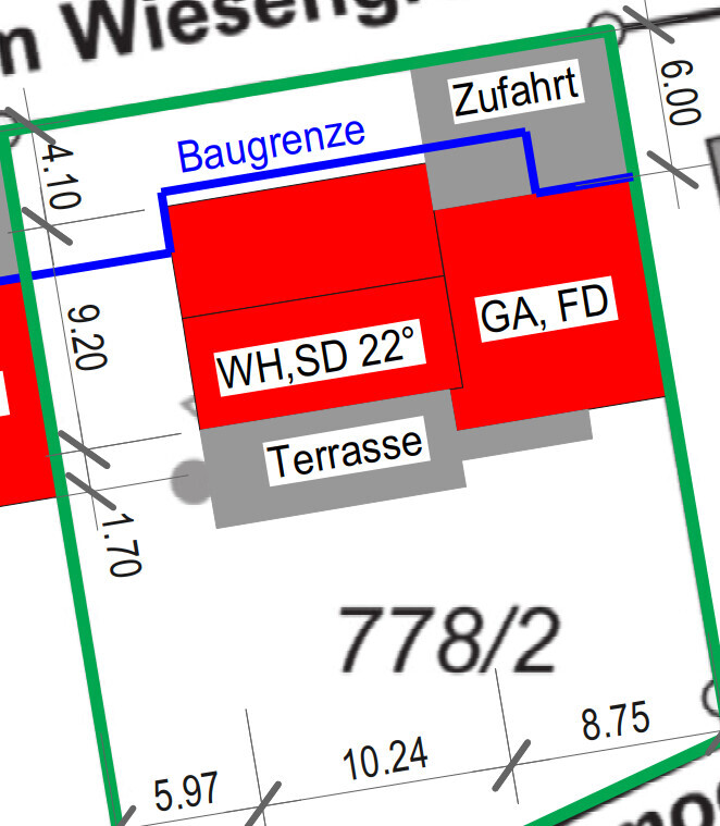 Site plan with two red buildings, terrace, building boundary, and driveway.