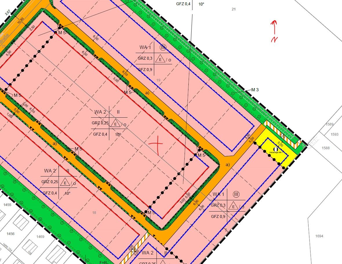 Site plan of a building area: pink building plots, orange paths, green edge strips, blue outlines