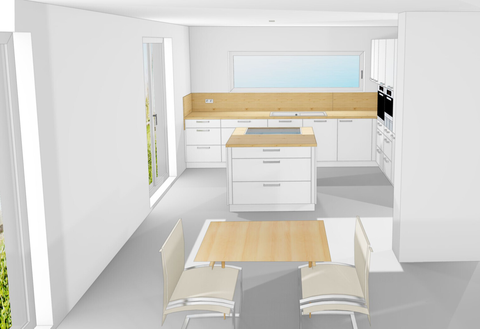 Moderne weiße Küche mit Holzplatten, zentraler Insel, Fensterfront, Ofenzeile rechts, Esstisch vorn.