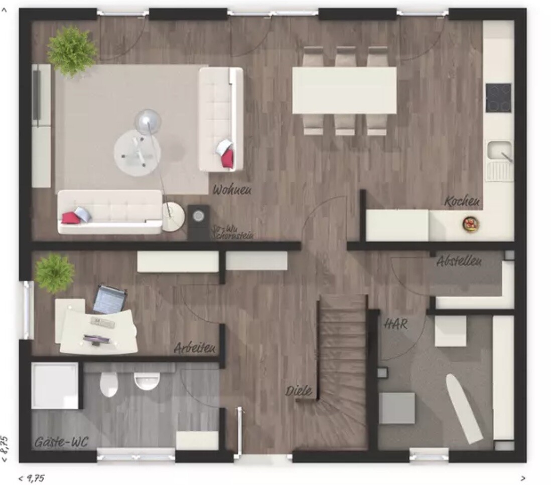 Modern floor plan with open living room, dining area, kitchen, workspace, and stairs.