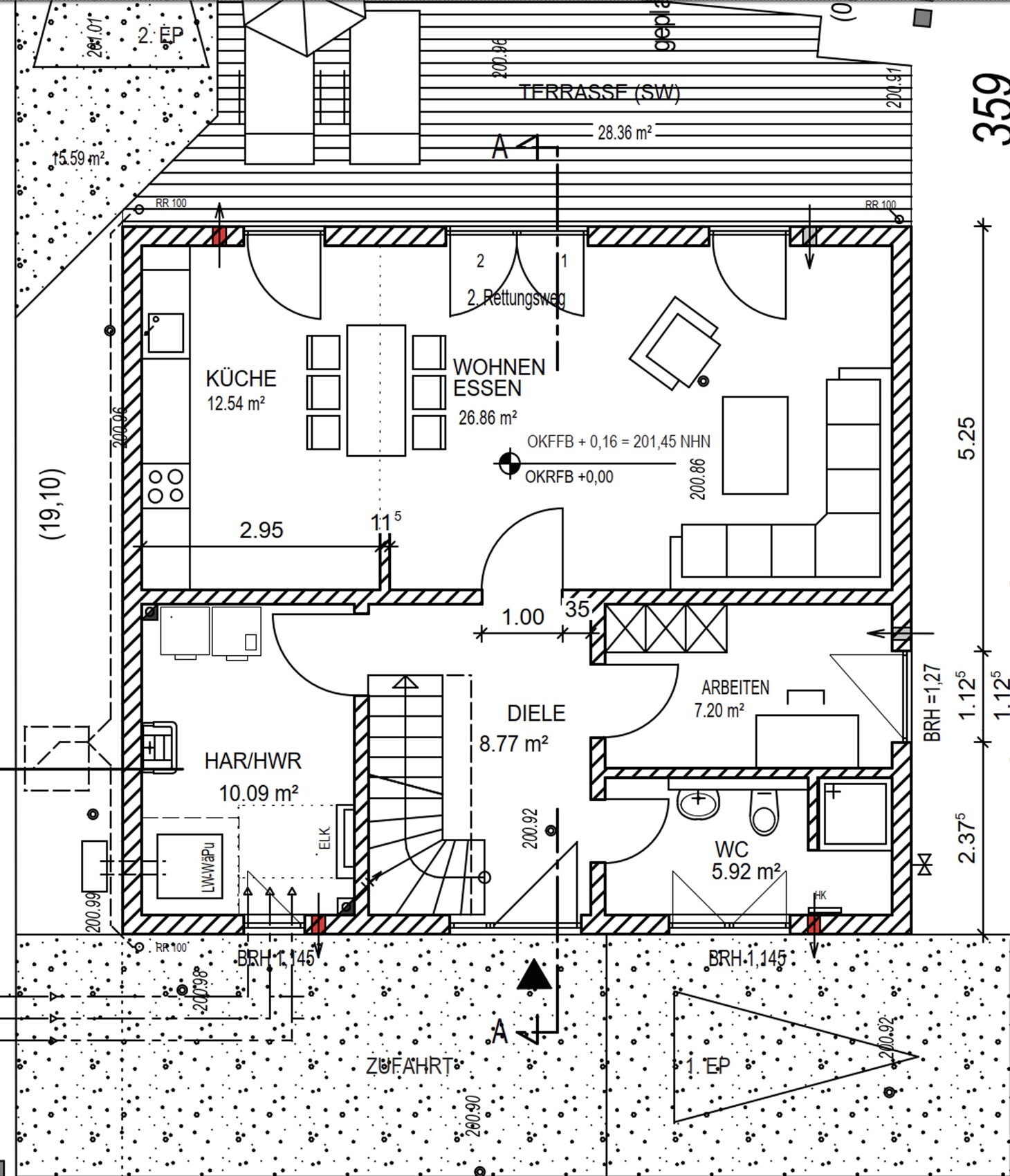 Floor plan of a house with kitchen, living/dining area, hallway, study, WC, and terrace.