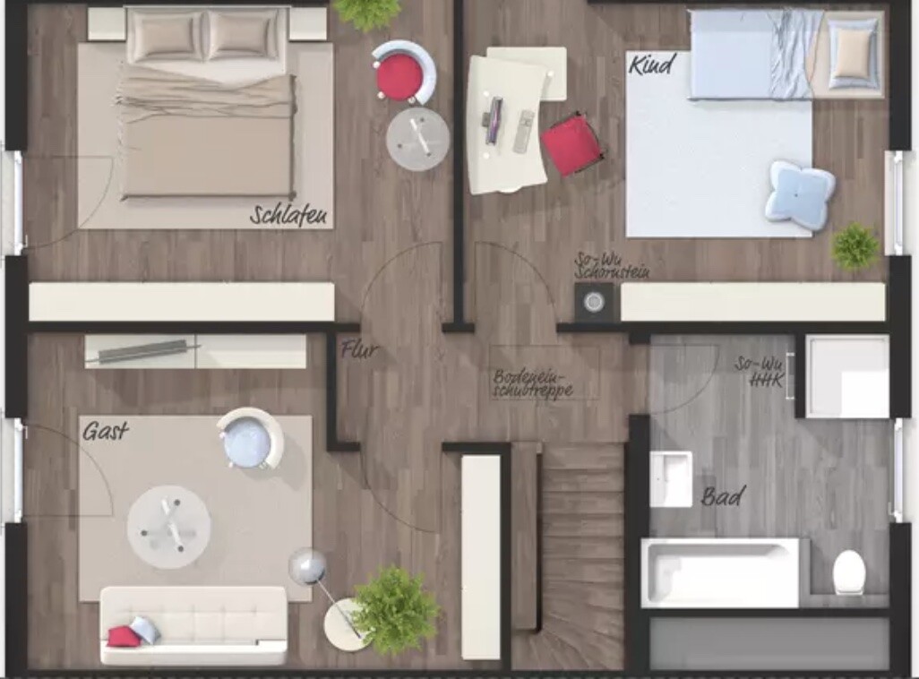 Floor plan of an apartment: bedroom, guest room, children’s room, bathroom, corridor, stairs.