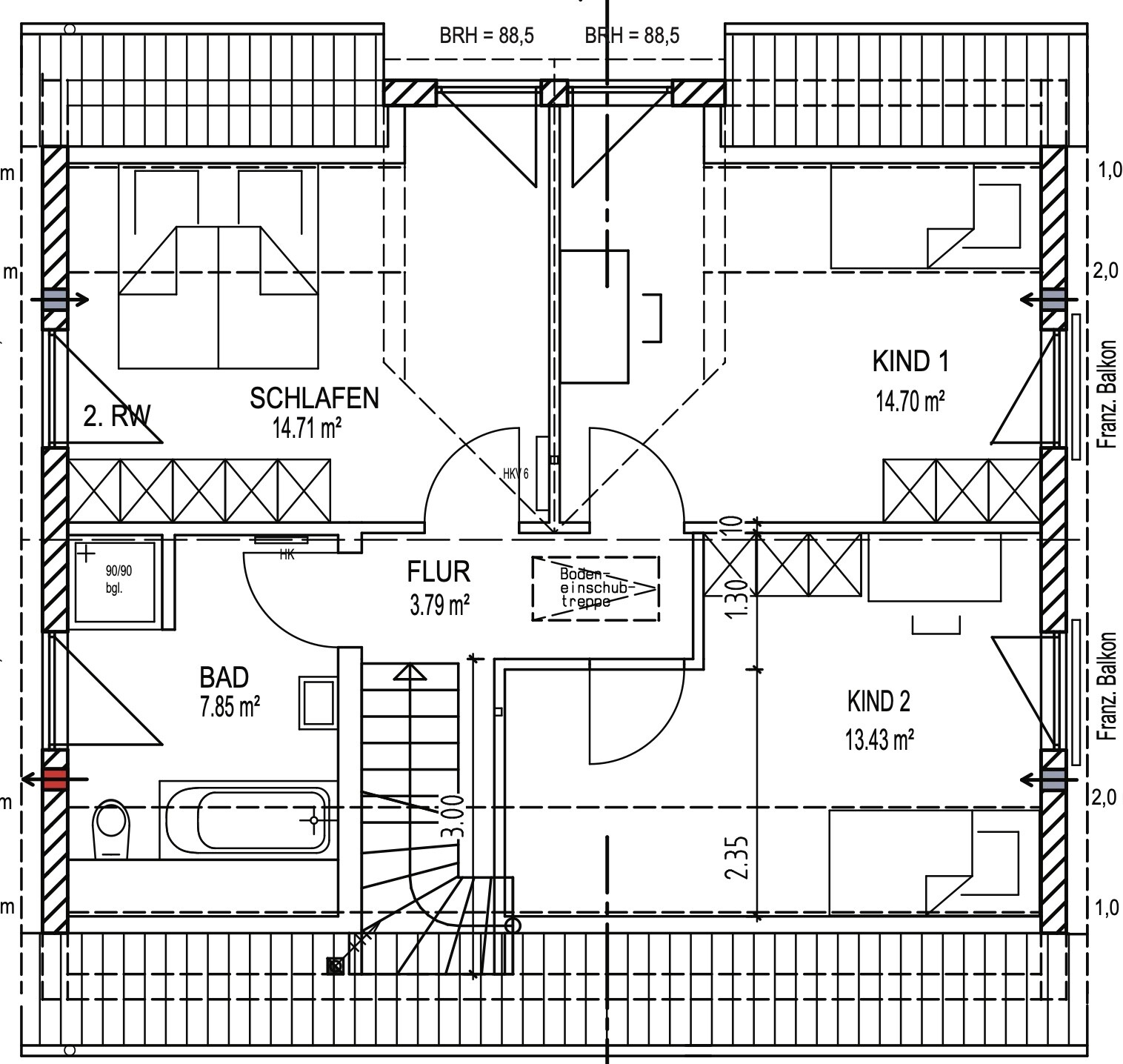 Floor plan of an upper floor with bedroom, two children’s rooms, bathroom, corridor, and balconies.