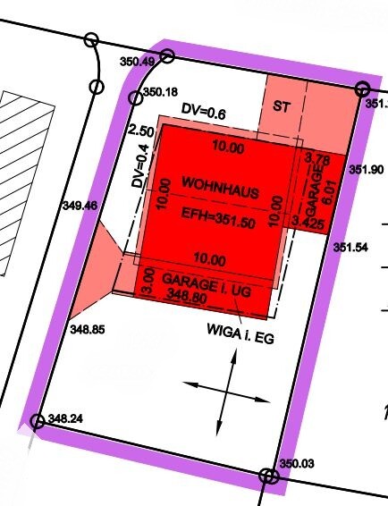 Site plan of a property with house, garage, driveway, and marked property boundary