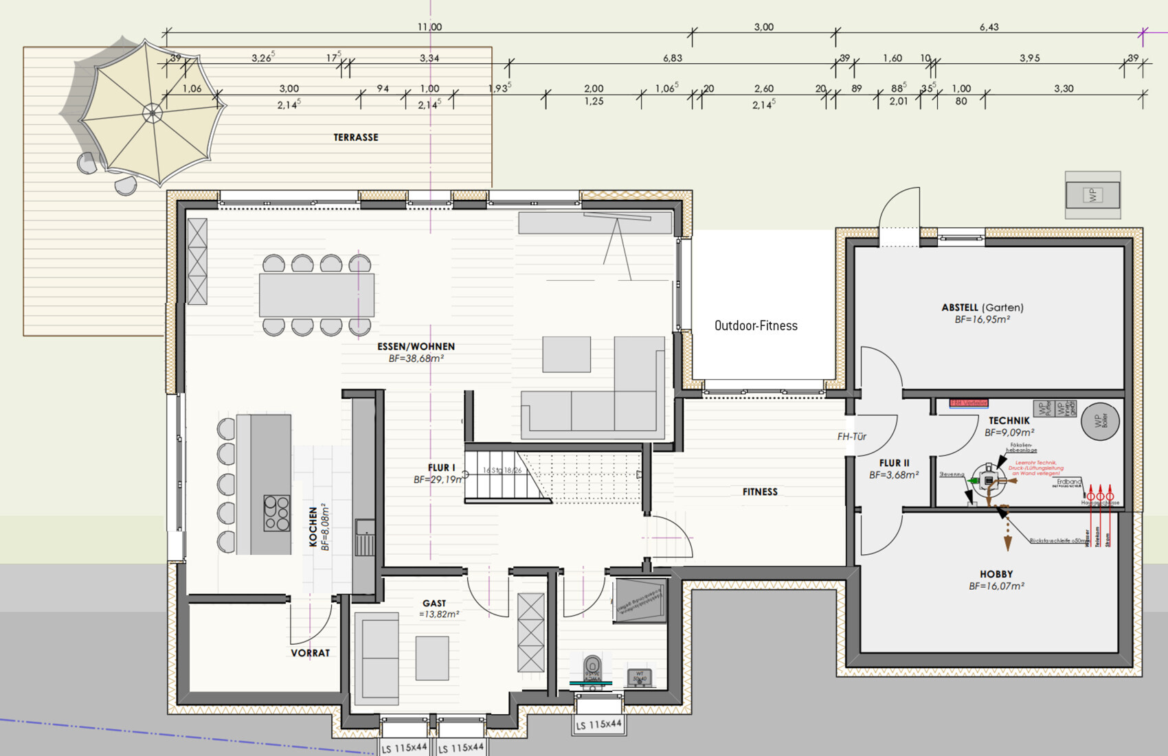 Detaillierter Grundriss eines Hauses mit Terrasse, Kueche, Essbereich und Wohnzimmer.