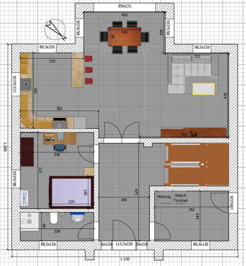 Zweidimensionaler Grundriss eines Hauses mit Kueche, Essbereich, Wohnzimmer und Schlafzimmer.