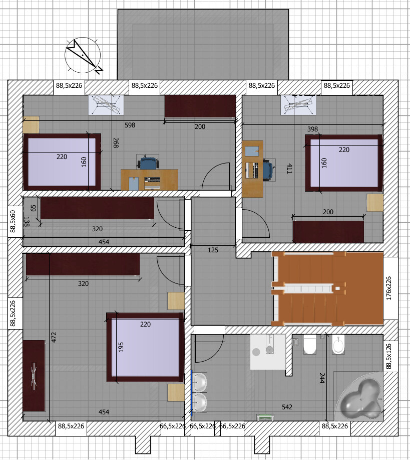 Detaillierter Grundriss eines Hauses mit mehreren Zimmern, Türen und Möbeln