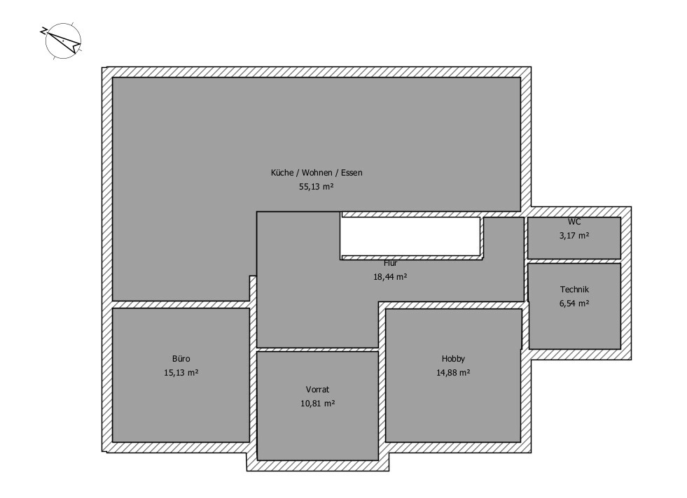 Floor plan of a house: kitchen/living/dining, hallway, office, pantry, hobby room, WC, technical room.