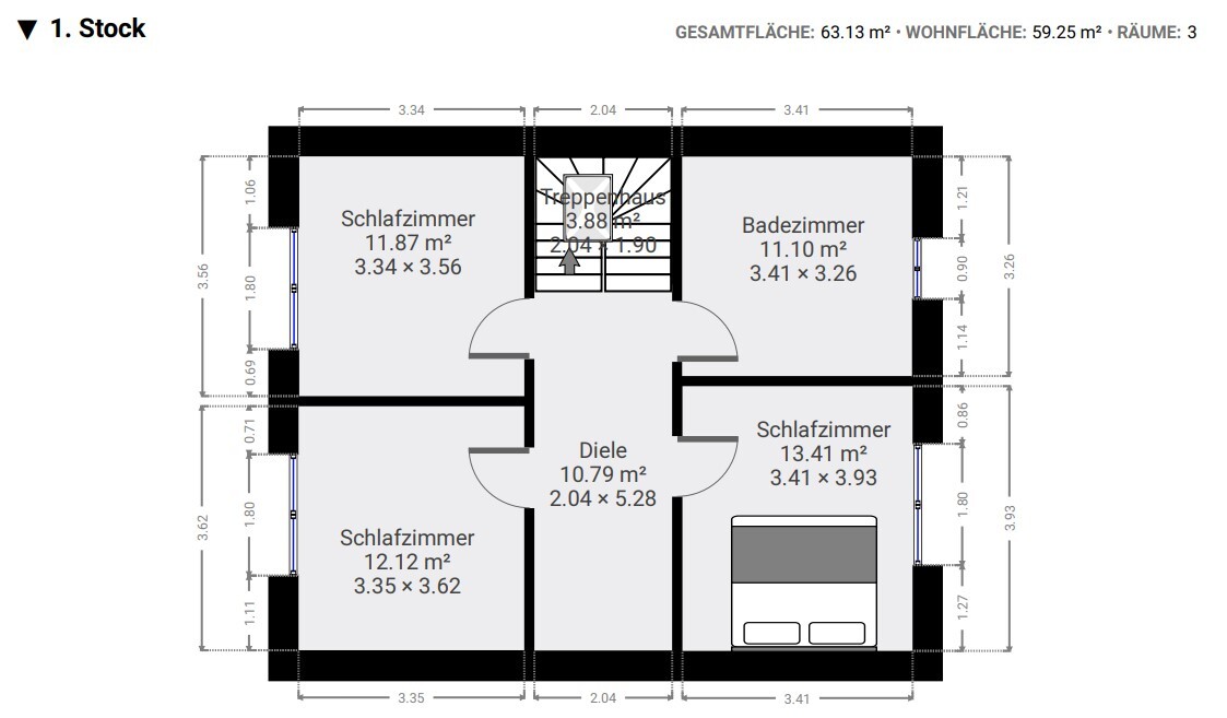 Floor plan of the 1st floor: central hallway, three bedrooms, bathroom, and staircase.