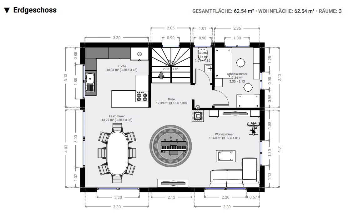 Floor plan of the ground floor with kitchen, dining room, hallway, living room, office, and staircase.