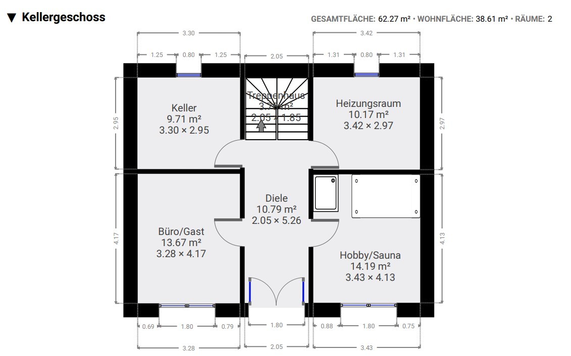 Floor plan of the basement: hallway in the center; rooms include basement storage, office/guest room, hobby/sauna, and boiler room.