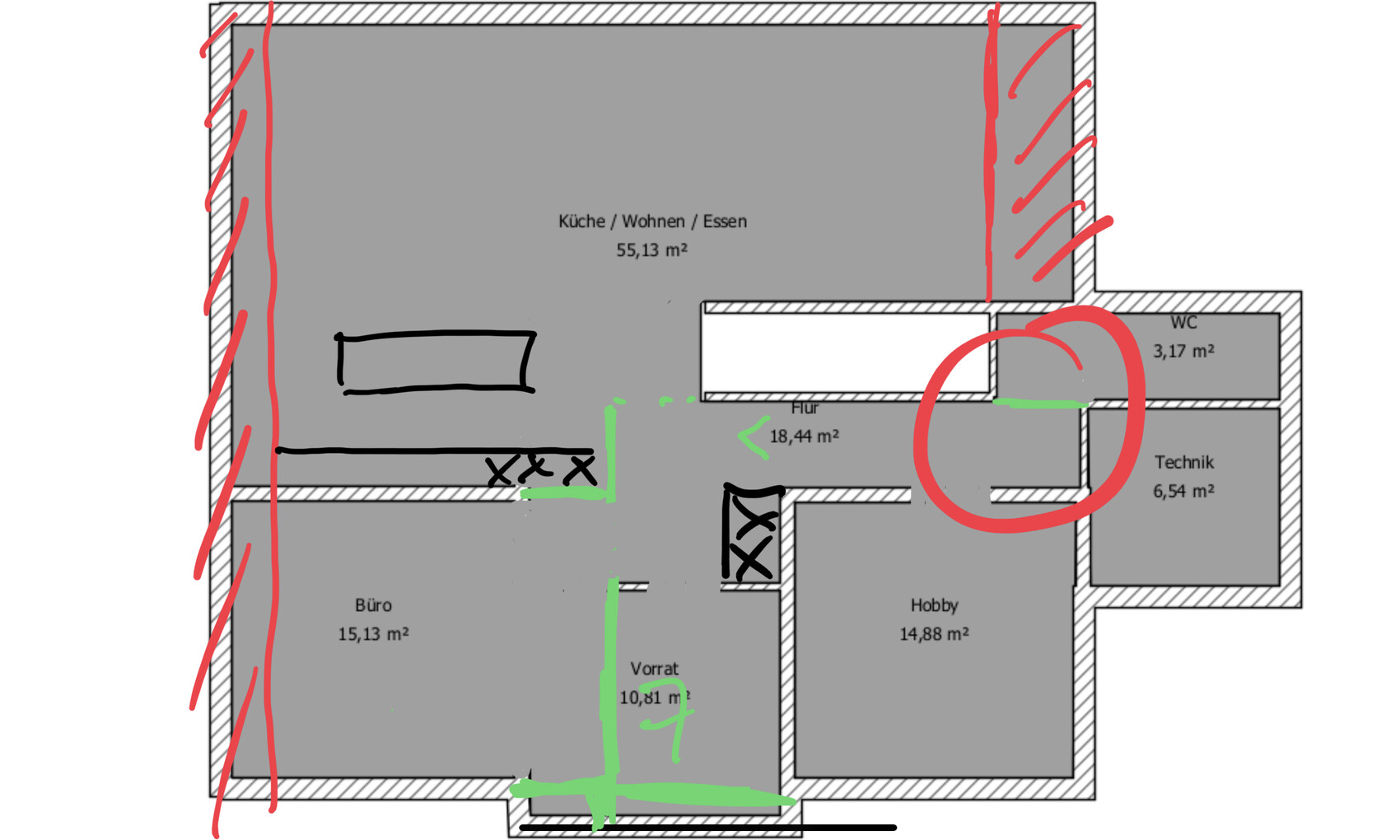 Floor plan of living/kitchen/dining area with office, hobby room, storage, hallway, WC and technical room.