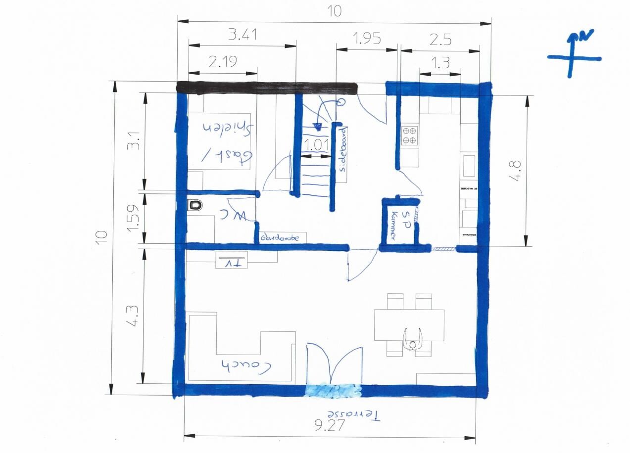 2D floor plan of a house with kitchen, dining area, and living room, blue outline