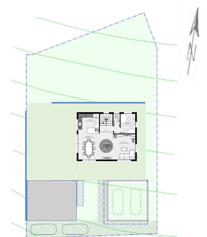 2D floor plan of a house with plot, garden area, and driveway