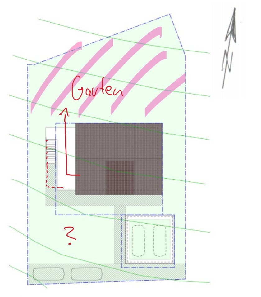 Site plan of a house with garden area, terrace, and marked garden zone