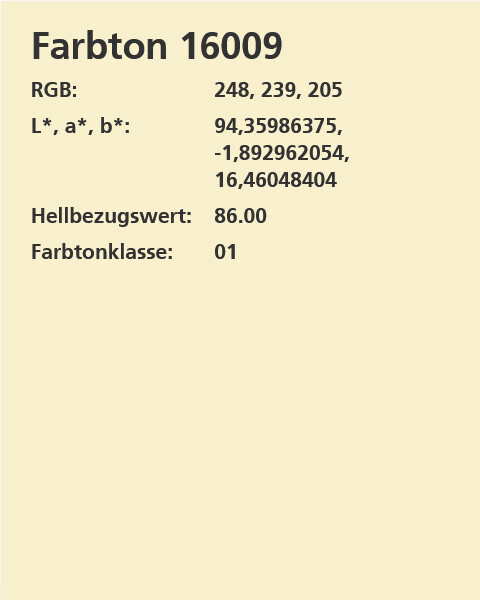 Color tone 16009: Beige color swatch, RGB 248,239,205, Lightness 86