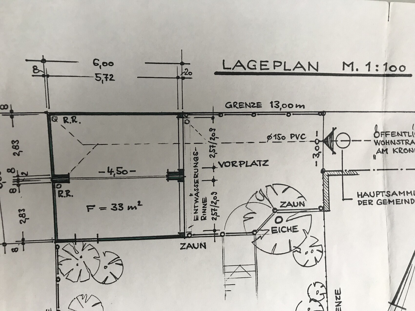 Site plan of a plot at 1:100 scale with fence, oak tree, and boundary line.