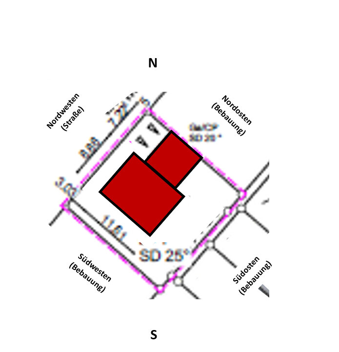 Site plan: Two red building structures on a plot, north at the top, surrounding buildings.