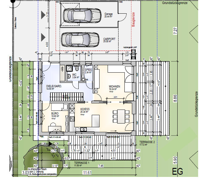 Floor plan of a house with garage, carport, living room, office, terrace, and garden.
