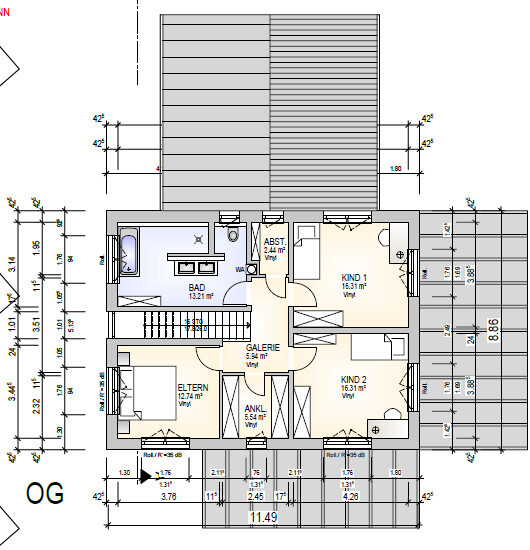 Upper floor plan: gallery, master bedroom, two children’s rooms, bathroom, dressing room, storage room.