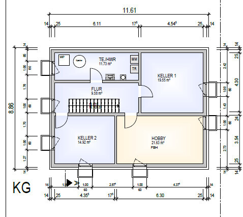 2D basement floor plan with hallway, cellars, stairs, and hobby room.