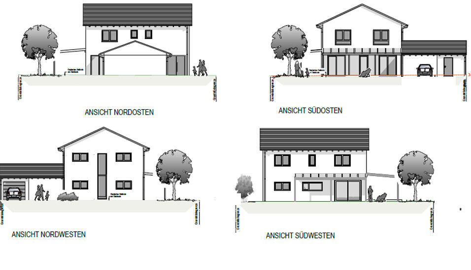 Four views of a house with garage, garden, and trees – northeast/southeast/northwest/southwest.