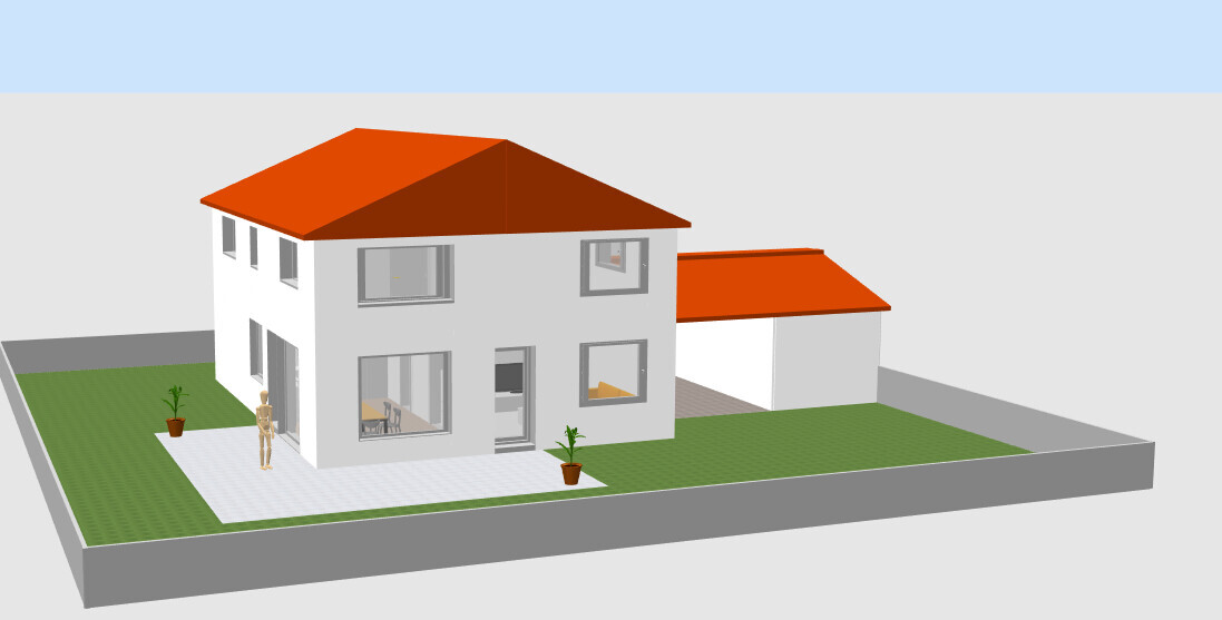 White two-story house with red roof, garage, and garden; figure standing at entrance.