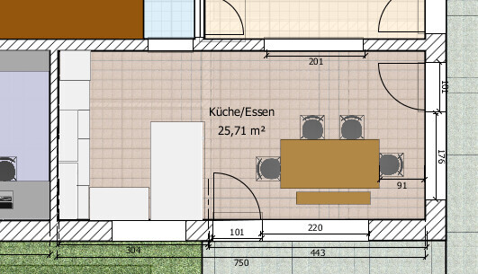Floor plan of kitchen and dining area (25.71 sqm / 277 sq ft) with island and dining table.