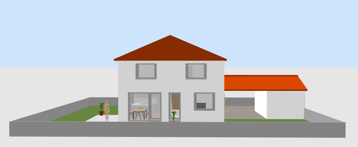 Two-story house with red roof, garden, and garage; interior living room and dining table visible.