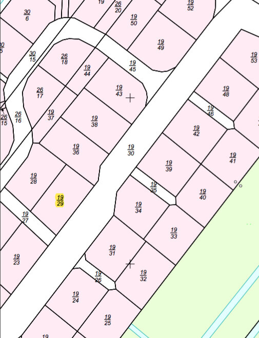 Site plan with numbered plots and road layout (pink-colored plots).