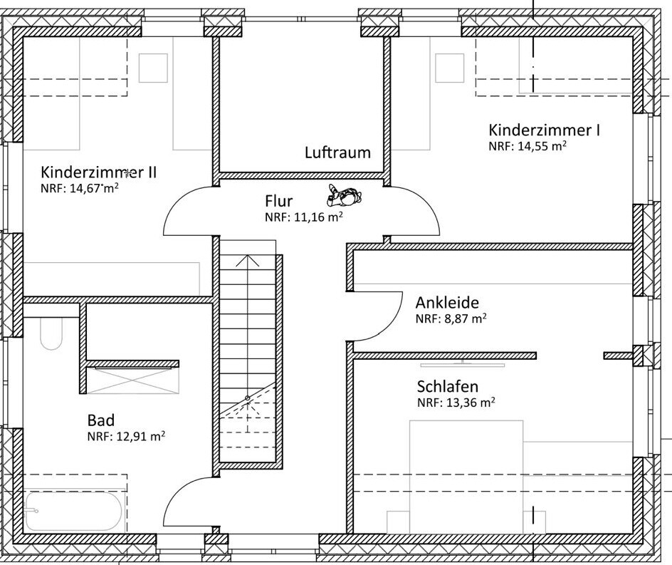 Floor plan of an upper floor with hallway, open space, bathroom, walk-in closet, master bedroom, and two children’s rooms.