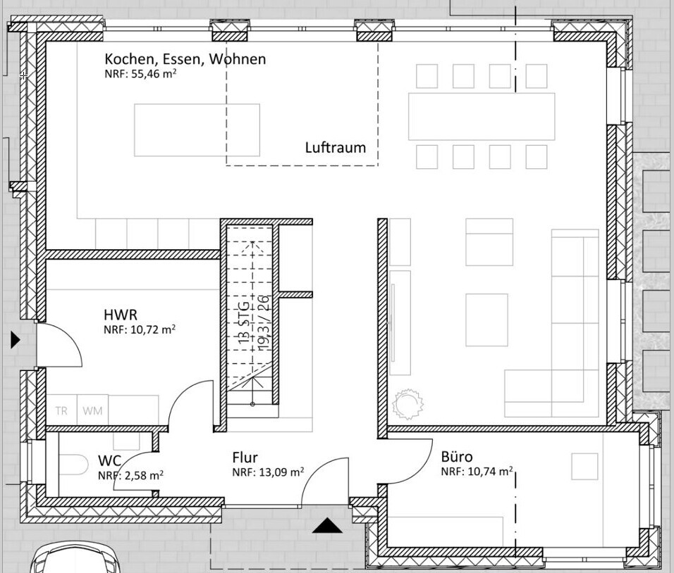 Floor plan of a room with kitchen, dining, living, office, utility room, guest toilet, hallway, open space.