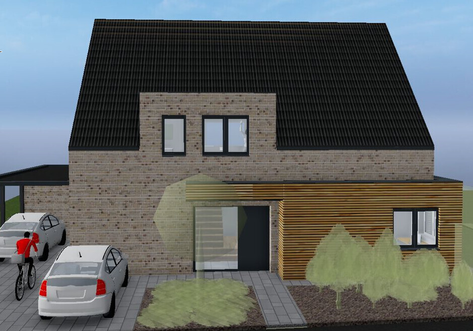 Modern two-story brick house with wood cladding, carport, two cars, and a cyclist.