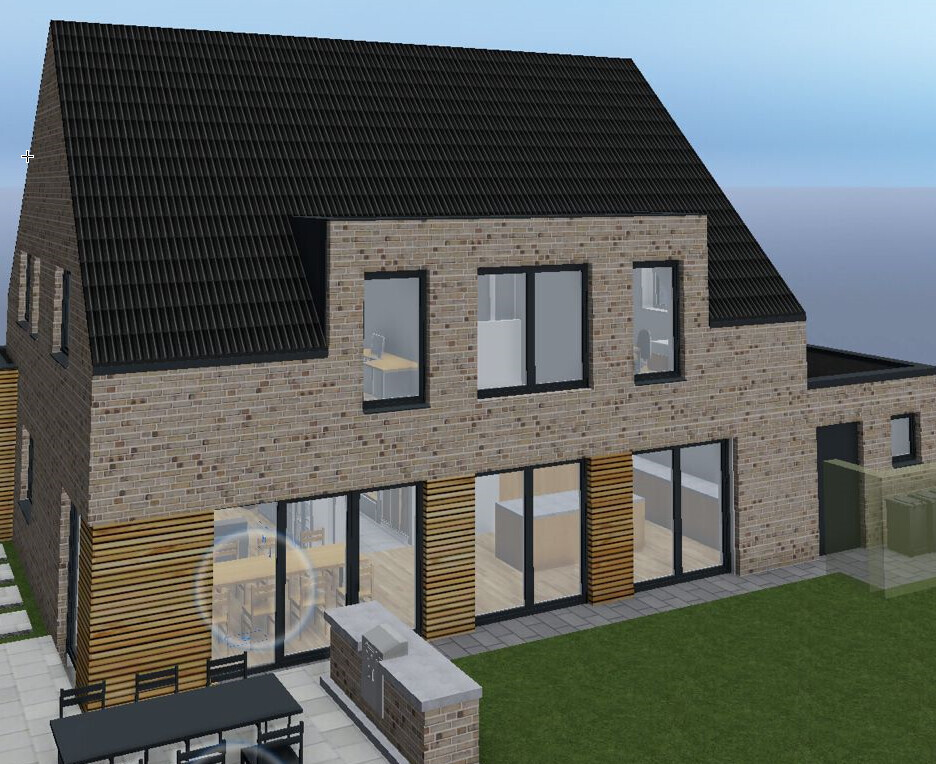 Modern two-story brick house with large windows, terrace, and garden.