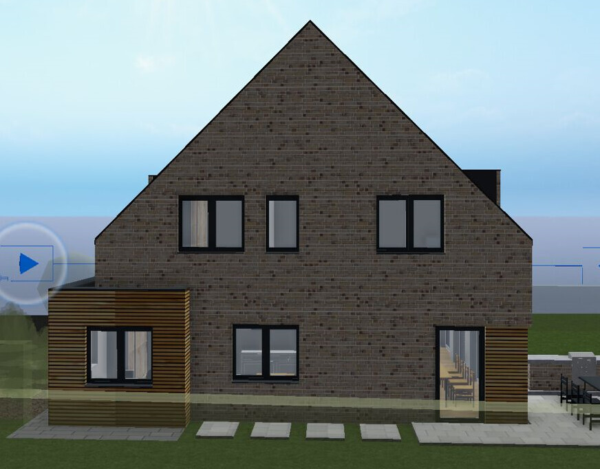 Two-story brick house with steep gable roof, wood cladding on both sides, front terrace.