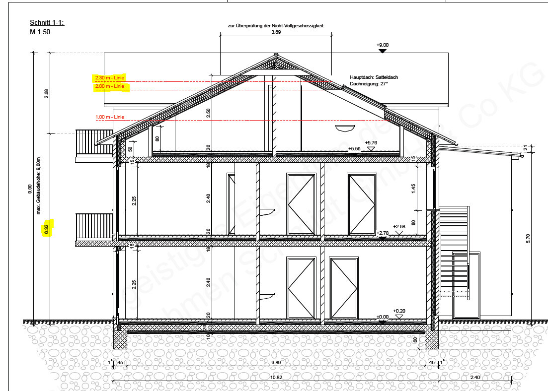 Section through a multi-story house with basement, balconies, stairway, and pitched roof.