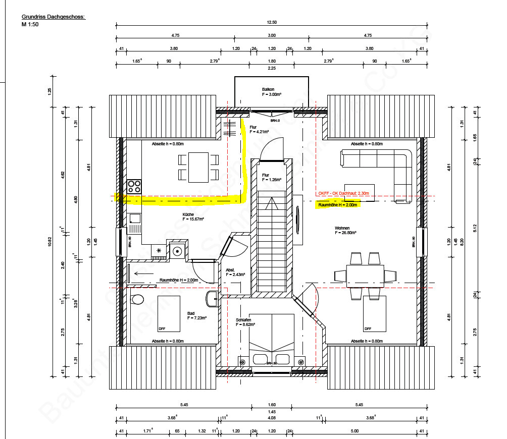 Attic floor plan with kitchen, living room, hallway, bathroom, bedroom, balcony, and dining area.