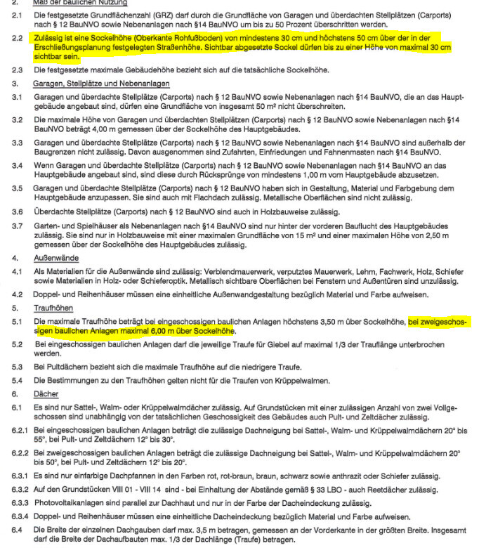 Excerpt from a building regulation document with highlighted sections regarding plinth height of 30–50 cm.