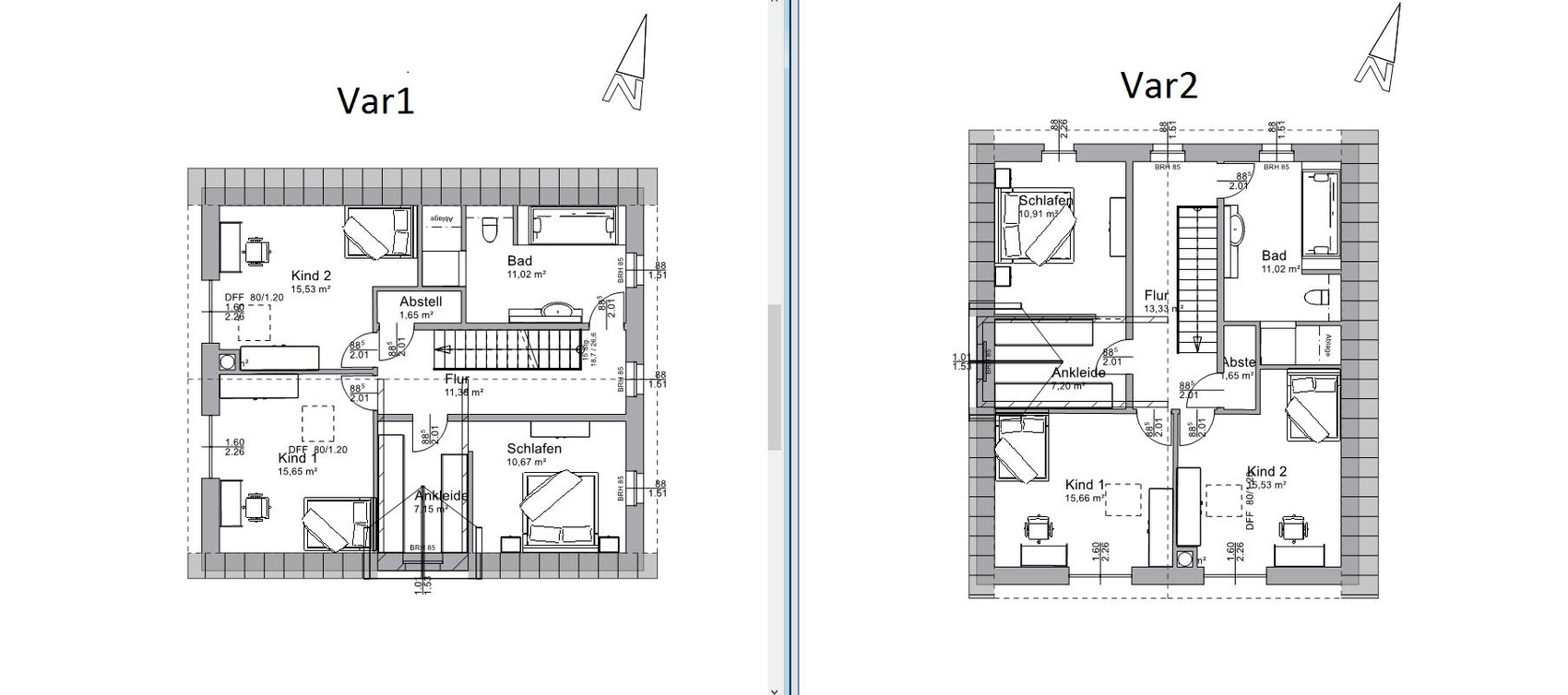 Floor plan of a house: bedroom, two children's rooms, bathroom, hallway, dressing room (Option 1/Option 2).
